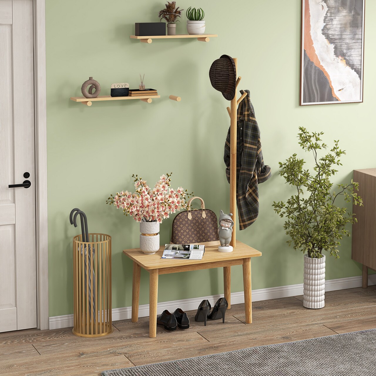 End Table With Coat Rack Solid Wood Coat Tree With 2-in-1 Side Table-natural